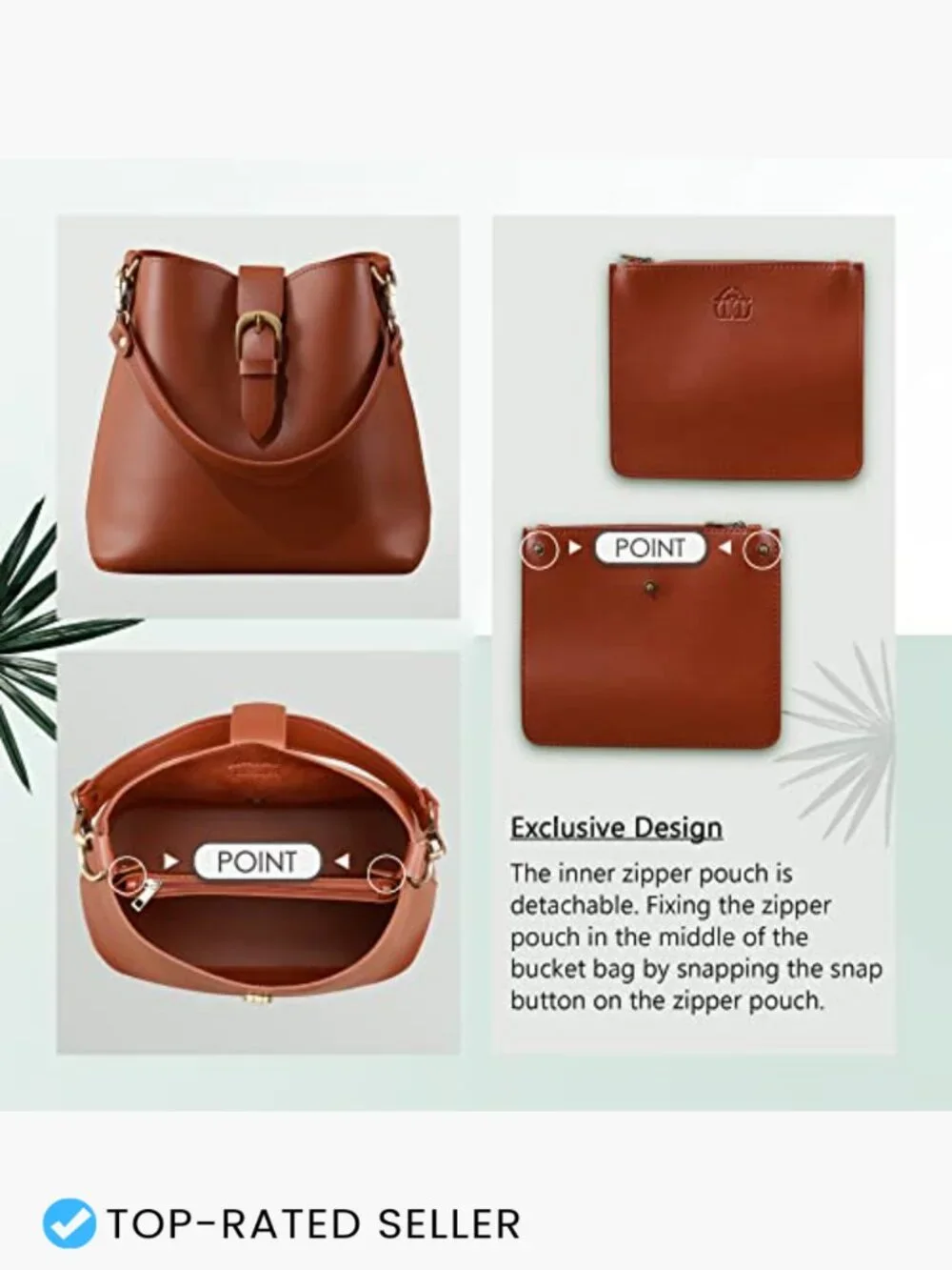 Vegan Leather Bucket Bag Retro Hobo Shoulder Purse Faux Suede Lining Adjustable